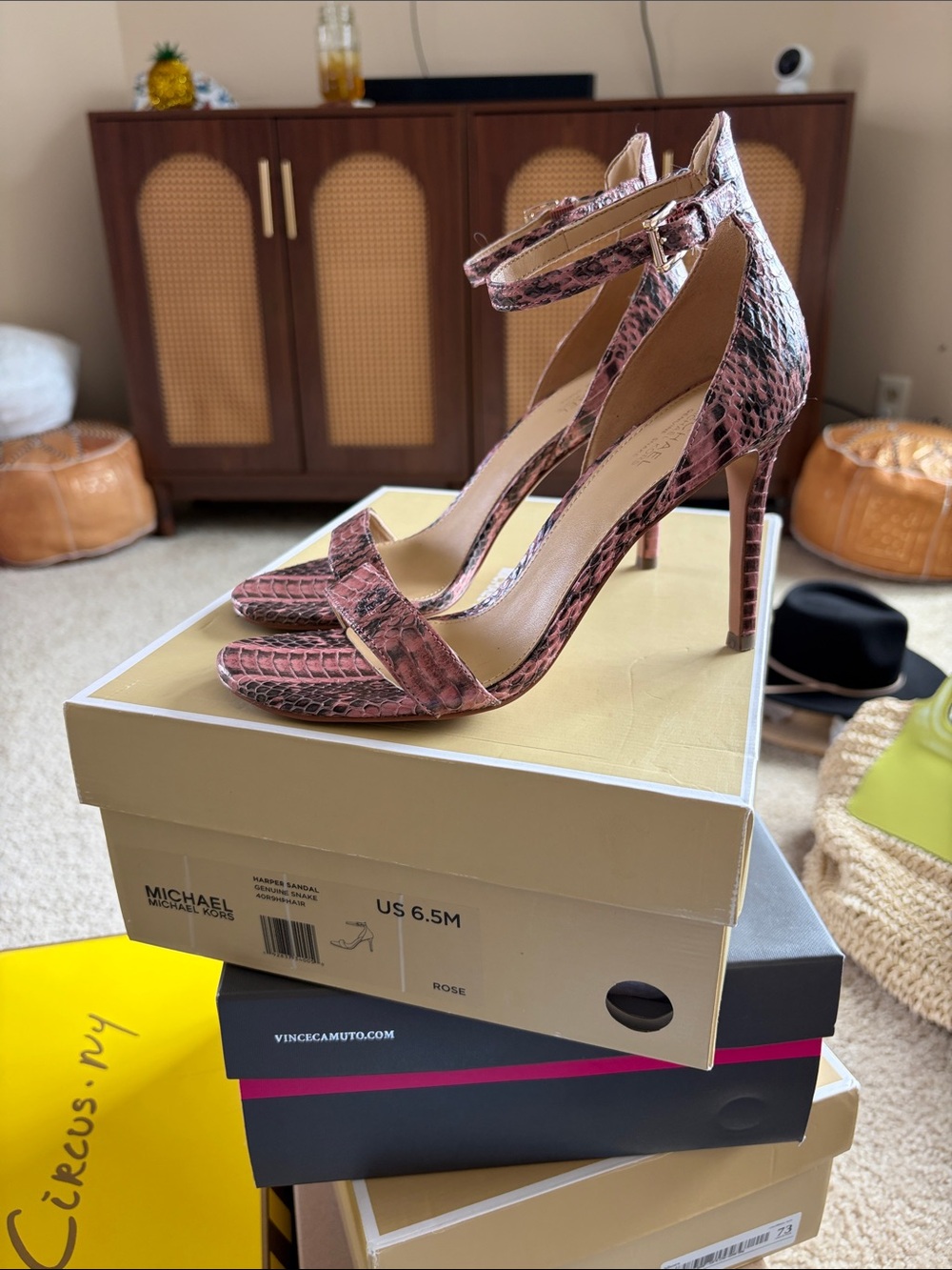 Michael Kors Pink Snake-Print Ankle-Strap Stiletto Heels